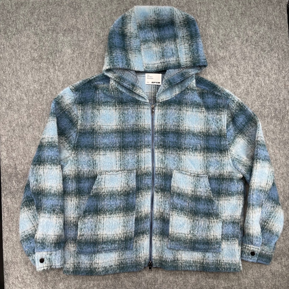 EPTM  Hoodie Mens 2XL Blue Plaid Fuzzy Flannel Full Zip The Perfect Example